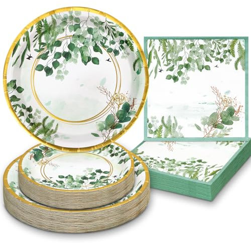 Boocikey 150 platos de papel verde salvia, platos y servilletas verdes salvia, suministros de fiesta, suministros de platos de fiesta verdes, juego de vajilla de hojas de eucalipto para boda, novia,