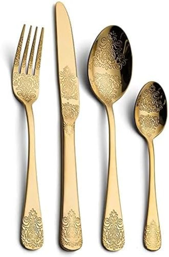 Vajilla Cubiertos Cubiertos Con Diseño Vintage, 24 Piezas, Utensilios De Acero Inoxidable 18/10 Chapados En Oro, Juego De Cubiertos Para 6 Personas, Servicio De Cena Reutilizable,24 Piezas Dorado,