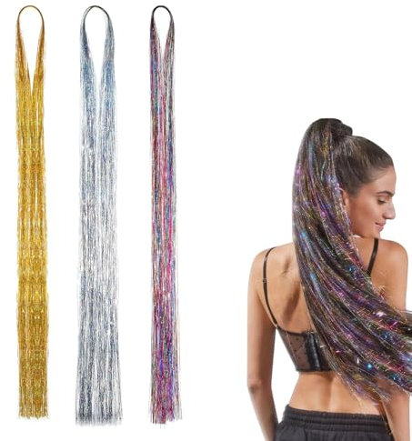 DHWEKU Haar Tinsel Stränge 3 Farben Haar Tinsel Extensions,Haar Lametta Stränge Kit Hair Tinsel Haar Lametta Stränge Haarsträhnen,120cm Stränge Gerade Lange Haarteil Zubehör für Mädchen Frauen