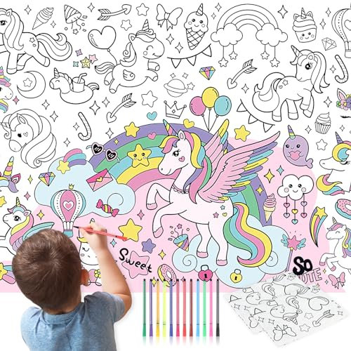 2 Stücke Papier-Tischdecke zum Ausmalen, Motiv Zoo, bemalbare Tischdecke Tiere, Deko Kindergeburtstag, Kreative Kinderbeschäftigung mit 12 farbige Aquarellstifte