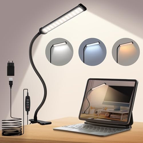 VIIVUU LED Klemmleuchte,Dimmbar【3 Modi & 10 Helligkeitsstufen】 Schwanenhals Lampe mit Kabel & Stecker, Leselampe Klemmbar für Bett, Büro, Schreibtisch (40CM)