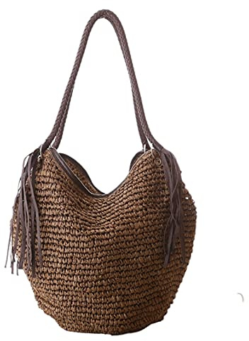 Bolso de Paja,Bolso Rafia Mujer Bolsas de playa de gran paja Mujeres Bolsos de verano Femenino Femenino Casual Mujeres Bolsas de mujer Bolsa de hombro Cerradura de tassel ( Color : Brown , Size : Natu