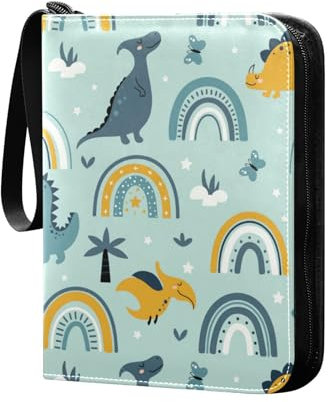 Dinosaurier und Regenbögen Sammelkartenalbum 4 Taschen Kartenordner 50 Seiten 400 Karten PU Reißverschluss Kartenbinder Aufbewahrungshalter für Sportspielkarte