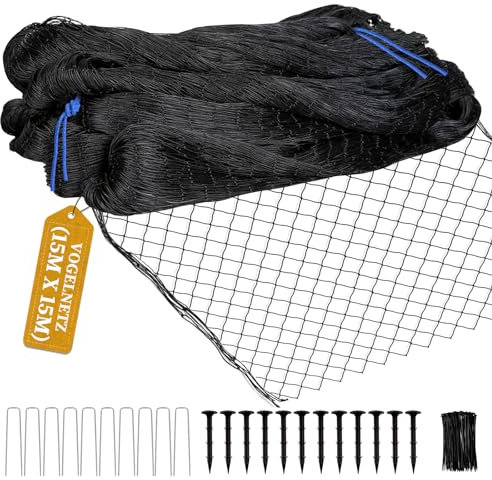 15M x 15M Filet Anti Oiseaux - Filet Oiseaux avec 2cm Mailles, Noir Filet Protection Oiseaux, Filet Poules Robuste, Filet de Jardin, Filet Poulailler, Filet Arbre Fruitier avec 12 Ancrages