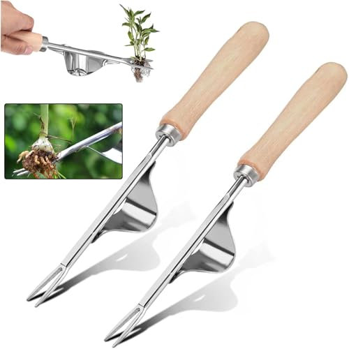 WAYBWZDQ 2 Pièces Désherbeur Manuel, Outil de Désherbage Manuel, Désherbeur à Main, Extracteur de Mauvaises Herbes en Acier Inoxydable avec Poignée Bois, Jardinage Arrache Pissenlit, pour Jardin