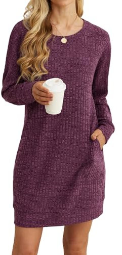 PrinStory Strickkleid Damen Winter Sweatshirtkleid Freizeitkleider Lässig Rundhalsausschnitt Weich Urlaub Hautfreundlich Pulloverkleid Mit Seitentaschen (Rosenrot, XXL)