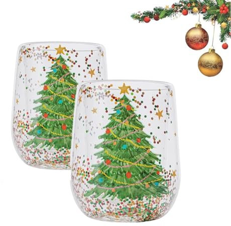 Vaso de árbol de Navidad, vaso de agua de vidrio de árbol de Navidad colorido y transparente, copas de vino de Navidad, copa de vino sin tallo de árbol de Navidad, tazas de Navidad (2pcs)