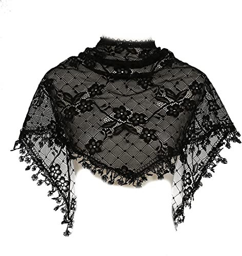 ZEPFJHE Spitze für Dreieckstuch mit Fransen Blumendruck Schal Spitze Fransen Schal Hijab für Frauen leicht, Schwarz , M