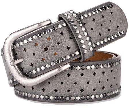 Jalach Damen Nieten Gürtel mit Stern Loch, breiter Ledergürtel, kürzbar Jeansgürtel, Leder Nietengürtel Glitzergürtel (Grau)