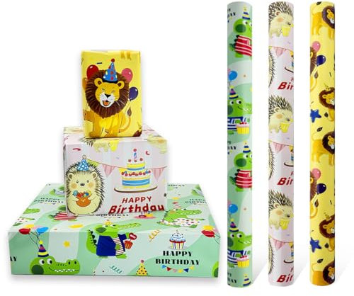3 rouleaux de papier cadeau d'anniversaire 43 cm x 3 m, papier cadeau recyclable à motif animal imprimé avec lion, crocodile et hérisson pour décoration de cadeau d'anniversaire pour enfants garçon