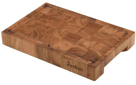 Reelken 30x20x4cm Hackblock aus Eiche Stirnholz | Antibakterielles Schneidebrett mit Griffen & rutschfesten Silikonfüßen | Perfekt für Fleisch & Küchenarbeiten | Robust & Langlebig
