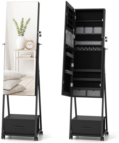 COSTWAY Schmuckschrank mit Spiegel, Schmuck Spiegelschrank mit Schublade, auf Rollen, abschließbar, freistehend, 42 x 38 x 157 cm (Schwarz)