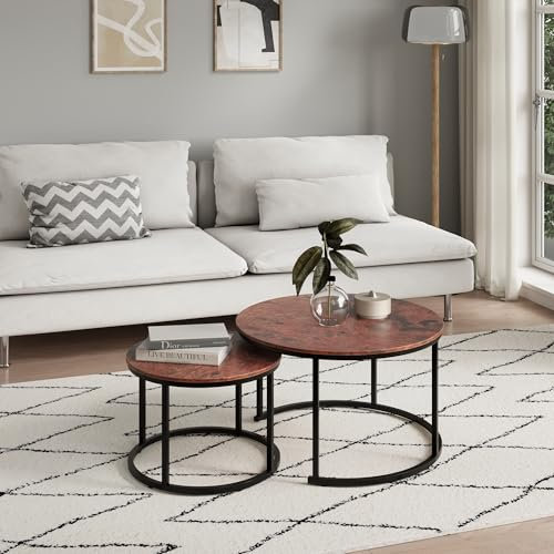 Home Collective Couchtisch 2er Set rund aus Holz, Wohnzimmertisch Modern, Beistelltisch Set 2 in 1 mit Metallgestell für Wohnzimmer Büro Beistelltisch Loft Design Twin | Eiche dunkel
