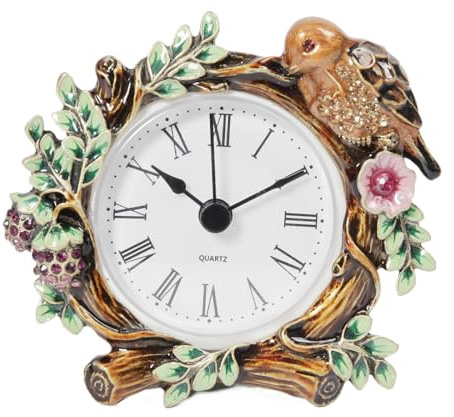 THEWENSE Petite horloge de table, 11 cm de diamètre, horloge de bureau vintage décorative en métal fleuri, idéale pour le bureau, l'étagère, le dessus de table et la table de chevet, pour la