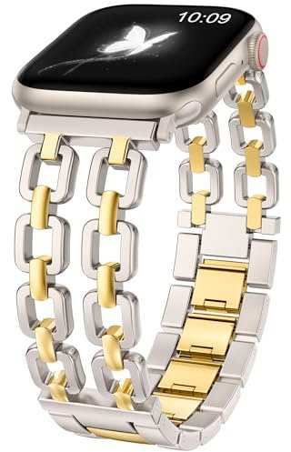 Wearlizer Compatible with Apple Watch Straps 41/40/38/42mm Women, Dressy Fancy Metal Chain Pretty Strap Designer Gold Silver Link Bracelet for iWatch SE Series 10 9 8 7 6 5 4 3 2 1 Starlight/Gold