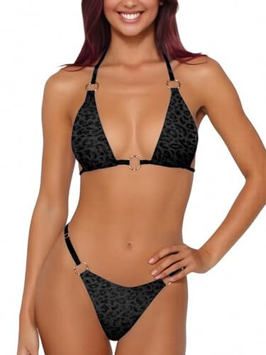 Ensemble bikini deux pièces pour femme - String sexy - Haut triangle - Bikini coquin, Motif léopard Noir, Taille S