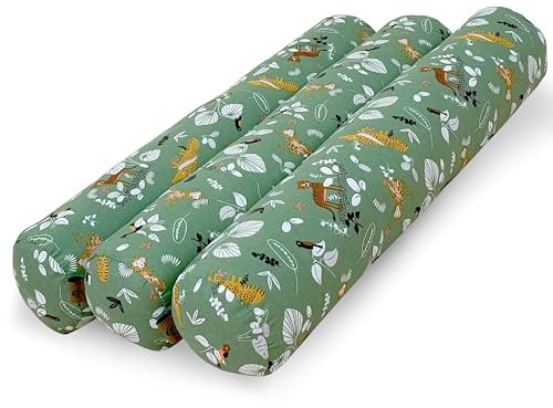 PinkZebra 3er Set Kissenrollen 10 x 60 cm, Rollenkissen aus Baumwolle, Nackenrolle ÖkoTex, Bettrolle, Kissen Rund, Knierolle, Tiere Grün (Tiere Grün, 10 x 60 cm)