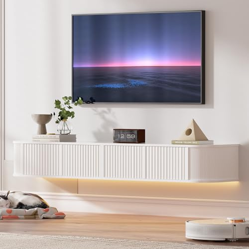 PURFINO Mueble de TV Flotante con Luz LED - Mueble de TV Montado en Pared de 140CM con Almacenamiento Mejorado y Bordes Redondeados, Consola Multimedia de TV Moderna para Televisores 43-55 Pulgadas