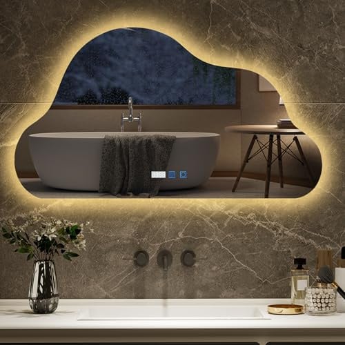 YU YUSING Badspiegel mit Beleuchtung 90x50cm, Badezimmerspiegel Wolkenform | 3 Lichtfarbe Einstellbare Spiegel Bad, Wandspiegel mit Touch-Schalter Beschlagfrei Timer-funcktion Wasserdicht
