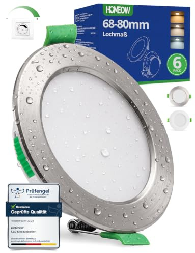 HOMEOW Einbaustrahler LED Spots 230V Dimmbar 68mm - 80mm Lochmaß IP44 | Warmweiß 2700K Neutralweiß 4000K Kaltweiß 6000K Einbauspots Deckenleuchte 5W, 24mm Flach Deckenspots für Bad, Nickel 6er Set