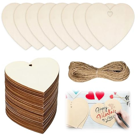 40 Pcs 7.6 Cm Wooden Heart Cutouts with Holes and Jute Twine | Blank Natural Wood Crafts For Weddings, Hanging Ornaments, Parties And Home Décor