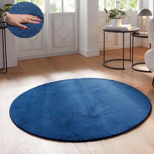 Taracarpet Supersoft kurzflor Teppich Fiona Wohnzimmer Schlafzimmer Kinderzimmer Flur Läufer waschbar rutschfest Uni New Blau 160 cm rund