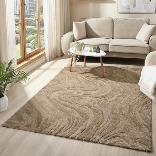 VIMODA Teppich Wohnzimmer Teppich Schlafzimmer 3D Effekt modern Weich kurzflor Wellenmuster Qualitativ,Maße:200x290;Farbe:Beige