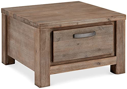 Ibbe Design Couchtisch Quadratisch Beistelltisch Natur Massiv Akazie Holz Braun Lackiert Tisch Alaska mit Schublade, L70x B70x H45 cm