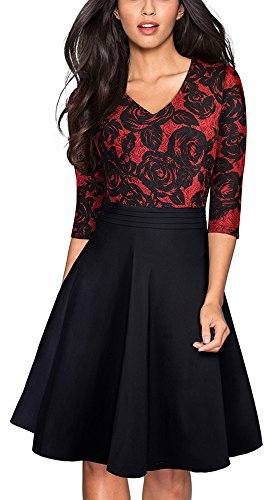 HOMEYEE Vintage Vintage à Manches 3/4 en Dentelle Florale brodée Cocktail Robes A062 (XXL, Rouge + Noir)