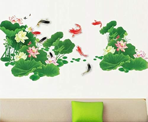 HALLOBO® Wandtattoo Wandaufkleber XXL Lotus in Teich Lotusblatt Fisch Wandsticker Wohnzimmer Schlafzimmer Deco Wall Sticker