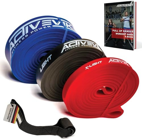 ActiveVikings® Pull-Up Fitnessbänder | Perfekt für Muskelaufbau und Crossfit Freeletics Calisthenics | Fitnessband Klimmzugbänder Widerstandsbänder (G - Light Package (Rot Schwarz Blau))