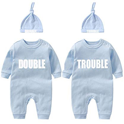 culbutomind baby Zwillinge Baby Bodys Doppel Ärger süßes Outfit mit Hut Baby Pyjamas Zwillinge Geschenk(Blau 6M)