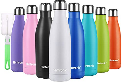 flintronic Bouteille Isotherme, 500 ML Bouteille d'eau en Acier Inoxydable, Isolant Sous Vide à Double Paroi, Bouteilles Chaudes/Froides sans BPA et écologique, avec 1 Porte-gobelet et 1 Brosse