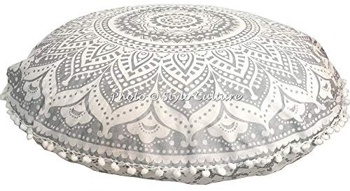 Stylo Culture Ethnisch Dekorativ Rund Bodenkissenbezug 80x80 cm Groß Sitzsack Kissen Mandala Silber Boho Pom Pom Spitze Wohnzimmer Baumwolle Blumen Bodenkissen Outdoor