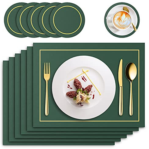 RIWNNI Tischsets PU Leder 6er Set, Platzsets und Untersetzer Set, Abwaschbar Lederoptik Platzdeckchen, Wasserdicht Rutschfest Hitzebeständig Kunstleder Tischset, 41x31cm Esstisch Unterlage, Grün