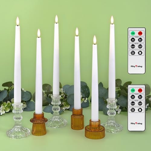 Rhytsing 29cm Flameless Taper Candles with Timer, Battery Operated Dinner Table Long Candlestick Rustic Wax, Warm White LED, 2 Remotes Included - Set of 6 (White)