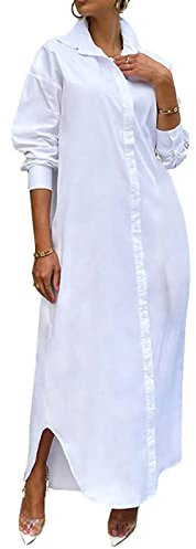 FeMereina Women Button Down Shirt Dress Long Sleeve Kaftan Tops Casual Collared V Neck Loose Boyfriend Long Tunic Tops Maxi Blouse Dress (White, X-Large)