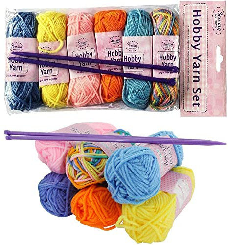 AHS 6pcs Craft Knitting Hobby Yarn Set - Starter Kit for Girls, Women - Set of 6 Polyester Balls with 2 Plastic Needles - Assorted Multicolour Crafting Knitting Handcrafts Arts & Crafts for Kids