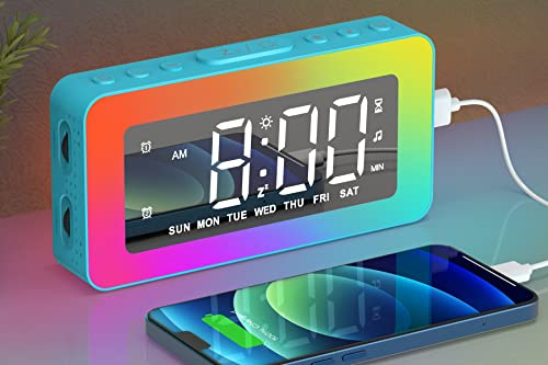AFEXOA Digital Alarm Clock for Bedrooms, Mirror Alarm with 8 RGB Night Lights, Dual Alarms, 8 White Noise, 7 Wake-Up Sounds, USB Port, 16 Volume, Brightness Dimmable, Snooze… (Blue-1)