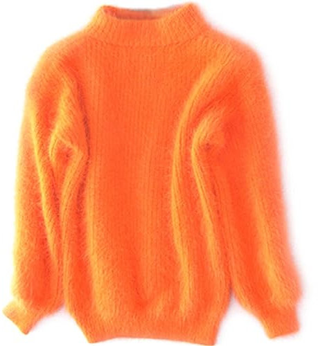 CHUSHEN Women's Casual Cable Knit Jumper Long Sleeve Crewneck Solid Color Chunky Pullover Sweater, Cashmere Loose Solid Color Knit Sweater, Vintage Angora Sweater for Women (Orange,One Size)