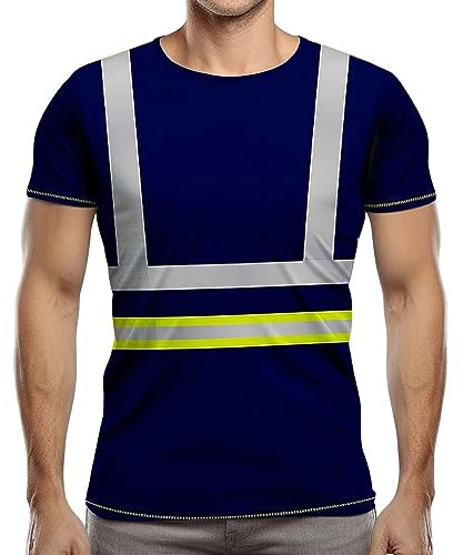 NOROZE Men's Hi-Viz Reflective Tape Short Sleeve Polo T-Shirt for Men Fluorescent Yellow Orange Prime Lightweight Breathable Workwear Top (M, Style 3: Neon Green/Navy)