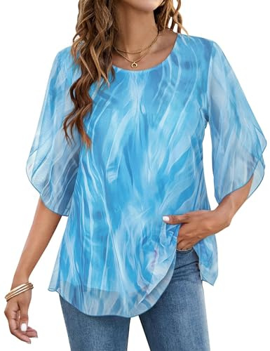 Timuspo Tunica da donna in chiffon, casual, con collo rotondo, taglie grandi, a mezza maniche corte, vestibilità ampia