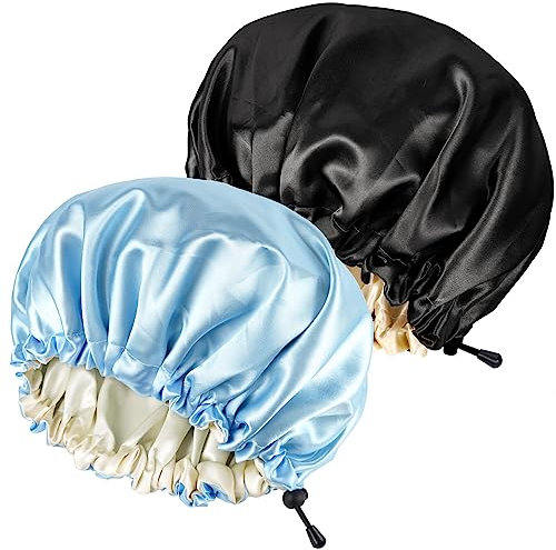 Ranphykx 2 Stücke Seidenhaube Satin SchlafmüTze,Einstellbare Doppelseitige SchlafmüTze,Haube MüTze FüR Schlaf (1 Black+ 1 Light Blue)