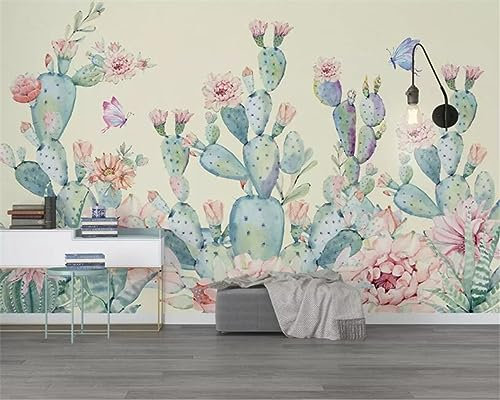 GIVLWF Retro Watercolor Style Cactus Wallpaper Mural, Tropical Green Plants Decoration Murals, Wall Decoration for Bedroom Living Room Home Decoration 150 x 70cm