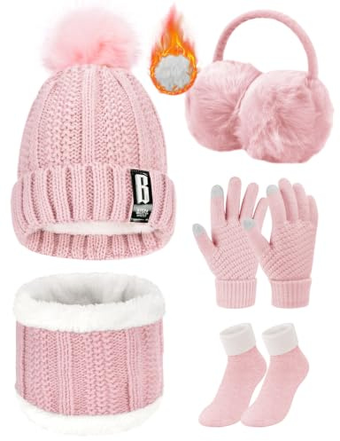 Voqeen Wintermütze Mütze Schal Handschuhe Set Damen Fleecefutter Strickmütze mit Pompon Touchscreen Handschuhe Weiche Wärmer Winter Ohrenschützer Socken Geschenke 5 Sets für Frauen