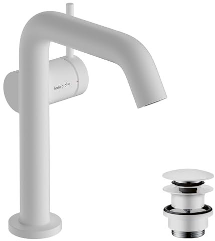 hansgrohe Tecturis S Fine - Waschtischarmatur mit Push-Open Ablauf, energiesparend (CoolStart), Wasserhahn Bad mit Auslauf Höhe 150mm, Mischbatterie Waschbecken wassersparend (EcoSmart+), Mattweiß