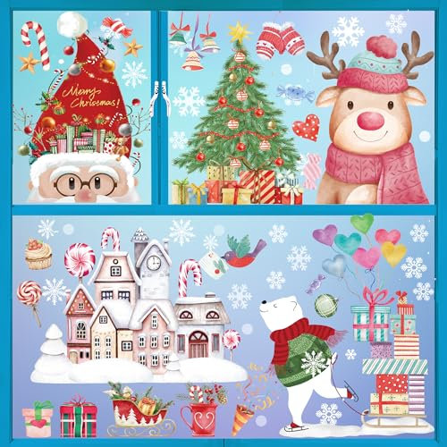 Fensterbilder Weihnachten Selbstklebend,Aquarell Weihnachts Fensterbilder Wiederverwendbar Doppelseitig Static Kinder Weihnachtsdeko Fenster,200 Pcs Winter Aufkleber Fensterstickerdeko Fensterfolie