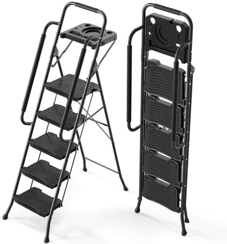 KINGRACK Leiter 5 stufen klappbar, trittleiter mit Ablagefläche, Sicherheitshandlauf, breite Pedal Antirutsch Stahl Haushaltsleiter, geeignet für Wohnküche, Speisekammer, Büroschrank, schwarz