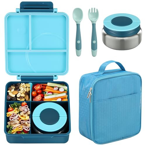 Howeemo Bento Lunch Box Set for Kids with 8oz Soup Thermo, Leak-Proof Lunch Containers with 4 Compartment, Kids Thermo Hot Food Jar and Insulated Lunch Bag for Kids to School-Blue