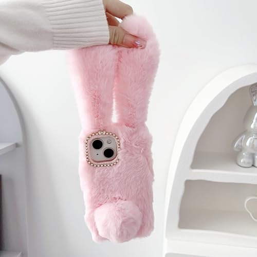 iPhone 14 5G Case 6.1-Inch, Cute Fluffy Furry Rabbit Ears Cover Soft Silicone Phone Case Faux Fur Warm Plush Bunny Shockproof TPU Gel Bumper Protective Back Case for iPhone 14 5G, Pink